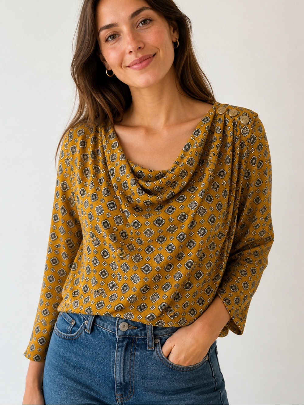 MICHAEL Michael Kors Mustard Printed Cowl Neck Sweater